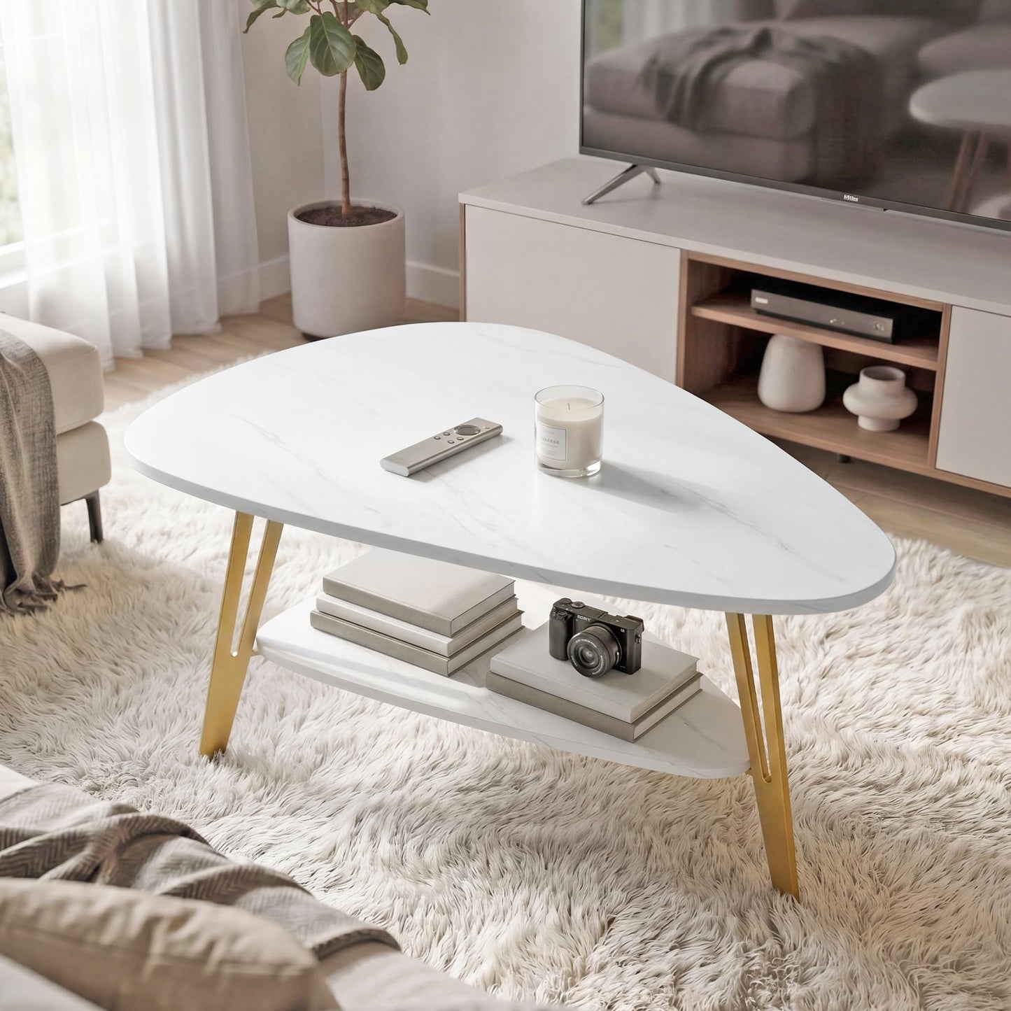 MWOOD Triangle Coffee Table, 33.5″‌ Mordern Center Table with Marble-Patterned Top&Golden Leg, Extra Storage Shelf for Living Room, Apartment(White&Gold)