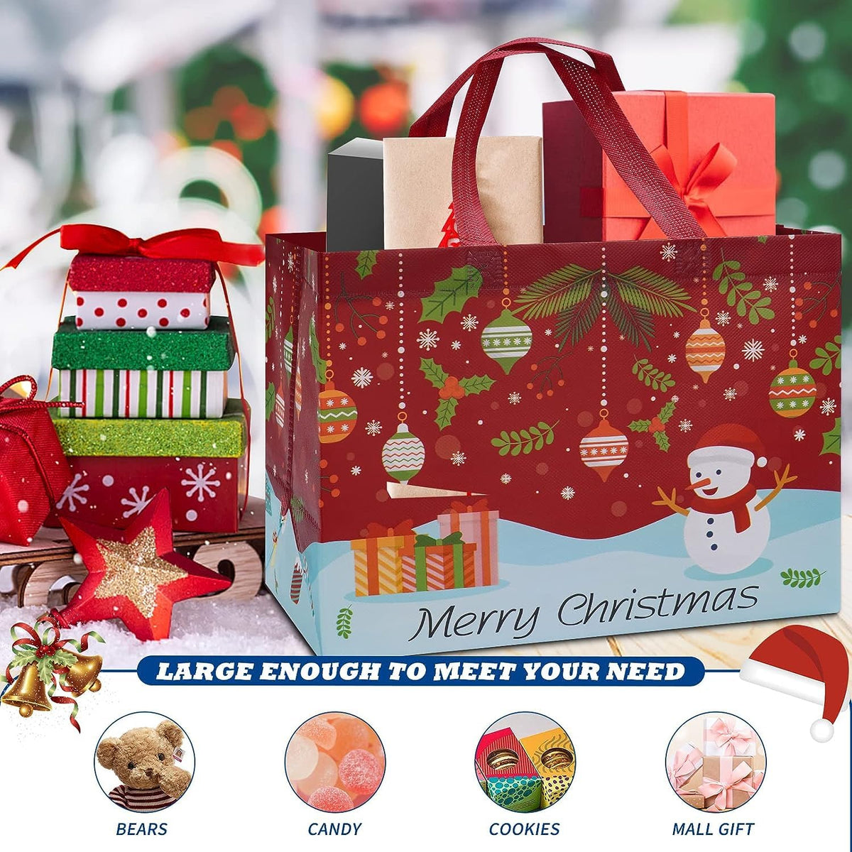 Heetobcos 12 Pack Christmas Gift Bags Large Reusable Tote Bags, Non-Wove Bags for New Year's Shopping, Christmas Surprise, Xmas Party Supplies,12.8"×9.8"×6.7"