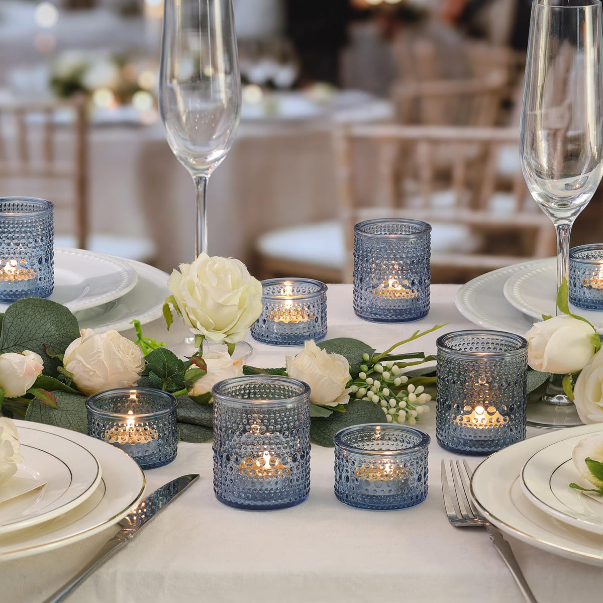 NITIME Blue Glass Votive Candle Holders Set of 24, Assorted Heights Polka Dot Tealight Candle Holders for Table Centerpiece, Blue Candle Holder Decor for Wedding, Baby Shower Party & Spa