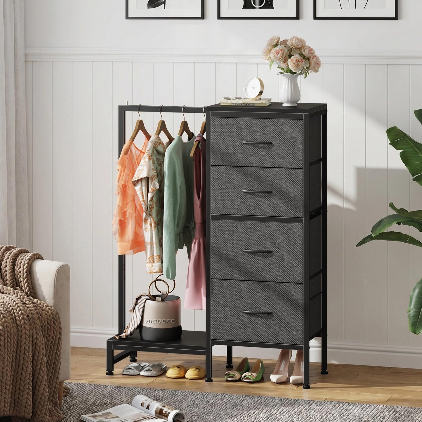 HIGDBFE Dresser with Hanging Rack, 4 Drawers Small Closet for Bedroom, Reversible Fabric Kids Chest of Drawers with Clothes Rack, Tall Storage Tower, Sturdy Frame, Grey, 44''H