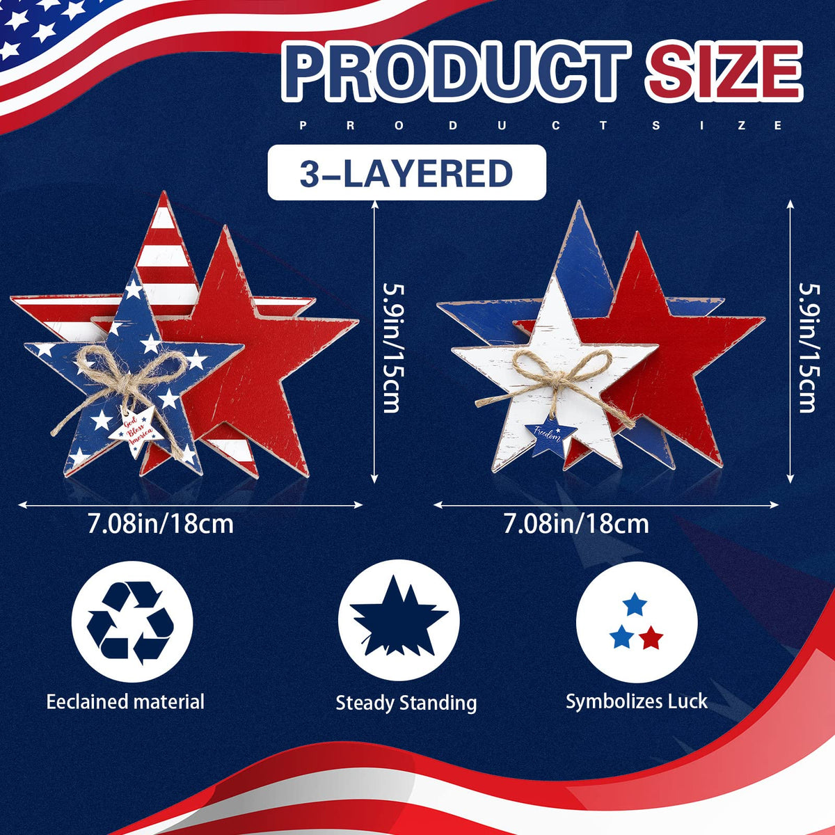 Pinkunn 2 Pcs 4th of July Wooden Star Decoration 250th Anniversary Large Faith Sign Patriotic Wooden Home Table Decor for Living Room Dining Table Centerpieces Memorial Day Decorations