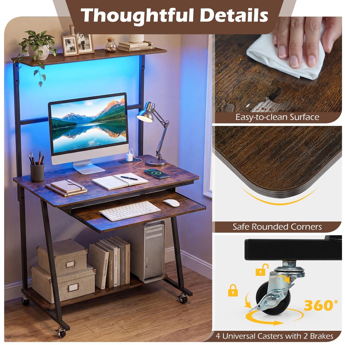 Giantex 31.5" Small Computer Desk with Charging Station & LED Lights, Rolling Home Office Desk w/Hutch, Keyboard Tray & Bottom Shelf, Study Writing Gaming Workstation Table for Bedroom, Rustic Brown