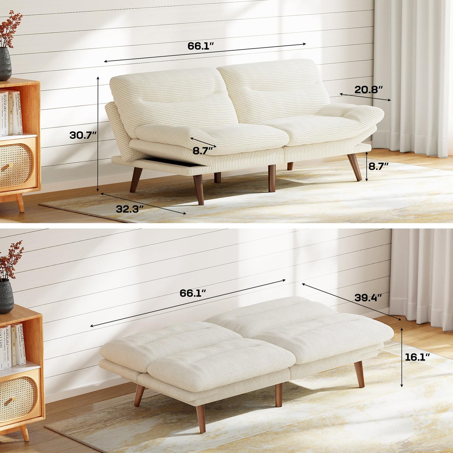 Marsail 66" Futon Sofa Bed, Convertible Corduroy Futon Couch with Adjustable Backrest & Armrests, Small Sleeper Sofa Loveseat for Living Room, Apartment, Office, White