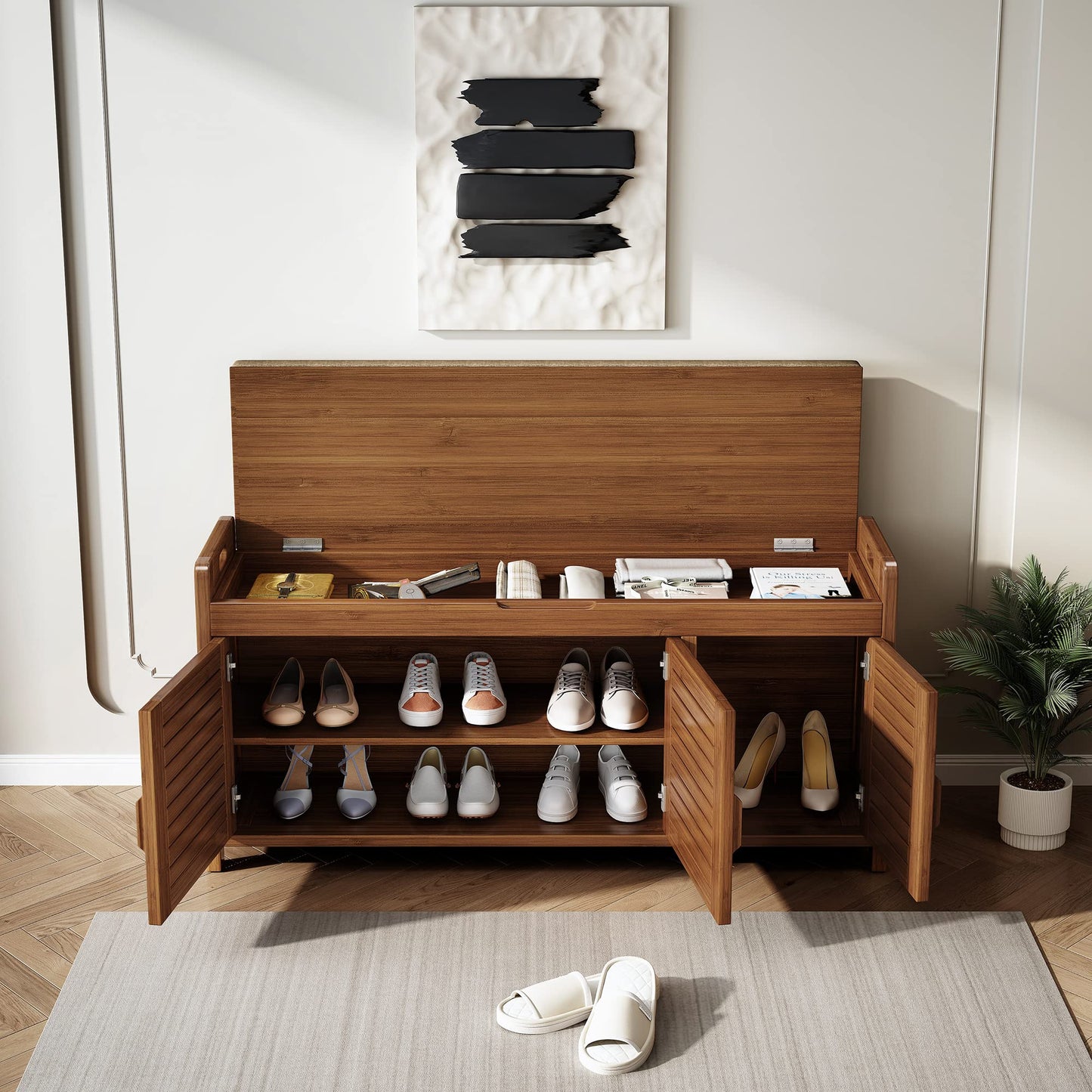 Wilk Shoe Bench with Storage, 2-Tier Shoe Cabinet with Padded Seat Cushion and 3 Darn Doors (38.2’’ (L) x 14.4’’ (W) x 19.7’’ (H))