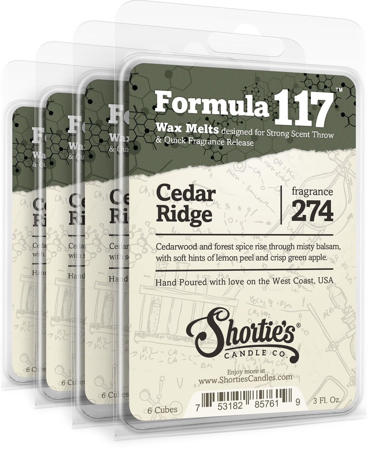 Shortie's Candle Company Cedar Ridge Premium Wax Melts 4 Pack - 12 Oz., Strong & Long Lasting, Non-Toxic - Made with Essential & Natural Oils - Formula 117
