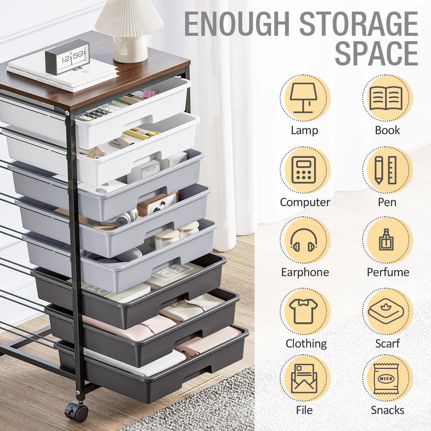 Rolling Storage Cart with 8 Drawers, Utility Cart on Wheels with Wooden Tabletop, Utility Cart for Teacher Storage, Office Organizer, Classroom Storage Cart, Craft Storage, Grey