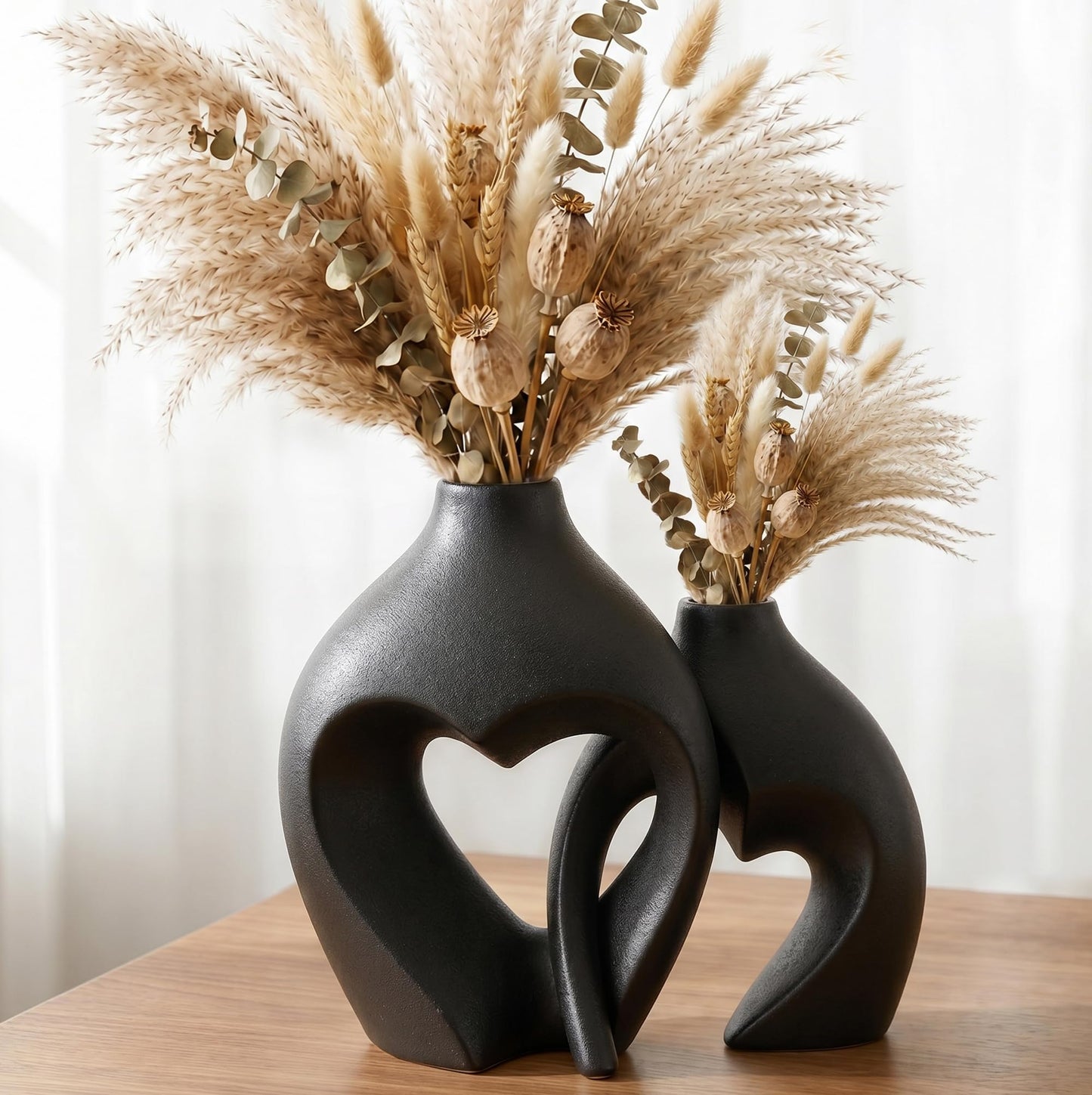 Black Ceramic Flower Vases Home Decor Heart Shaped Vase Set of 2