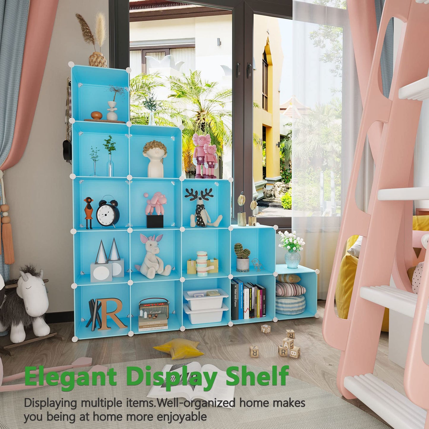 C&AHOME Cube Storage Organizer, 16-Cube Shelves Units, Plastic Storage Cubes, DIY Closet Organizer, Modular Closet Storage Shelves Ideal for Home, Bedroom, 48.4" L × 12.4" W × 48.4" H Blue UPCS16L
