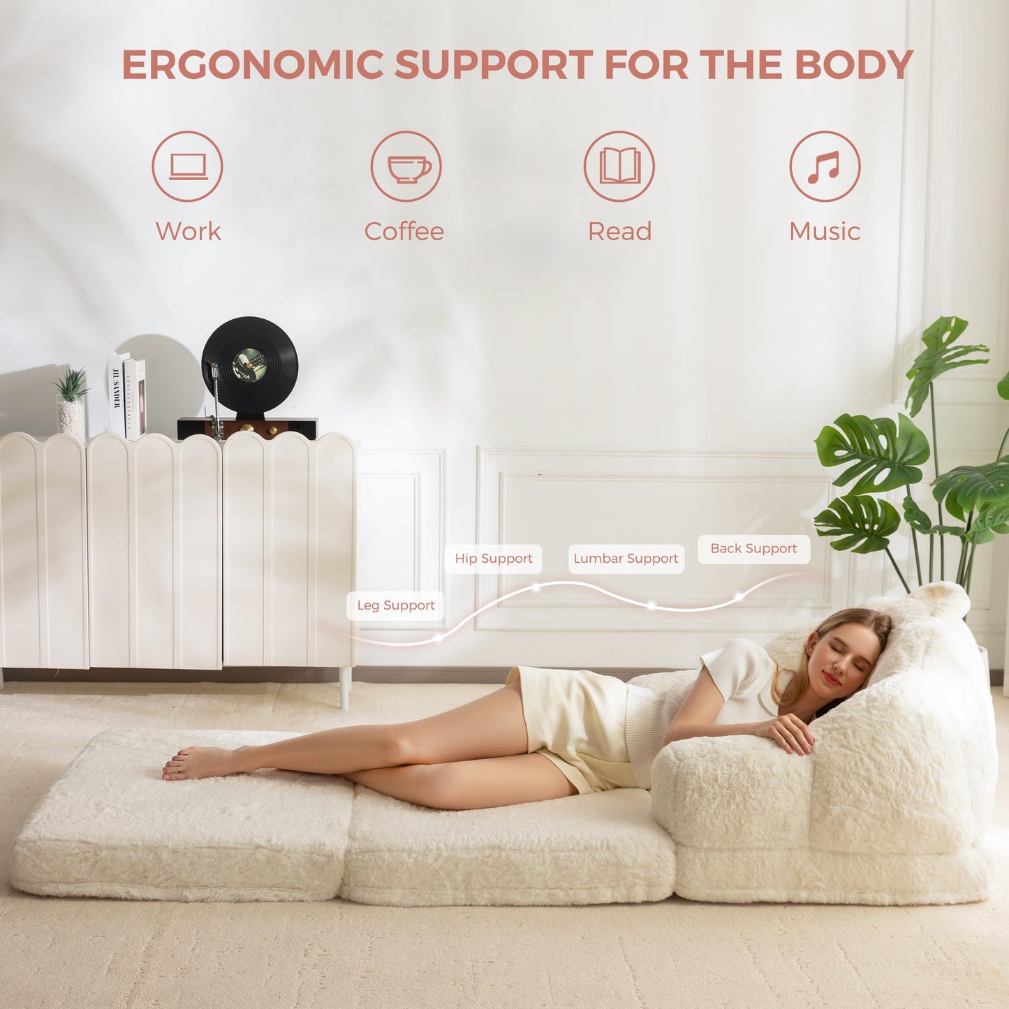 MAXYOYO Folding Sofa Bed, 2 in 1 Convertible Sofa to Lounger Comfy Single Bean Bag Chair for Adults, Floor Couch with Handle, Faux Fur Couch Bed for Living Room Bedroom, Beige