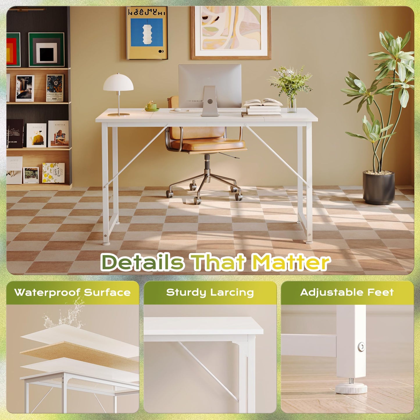 PRAISUN 47 Inch Computer Desk, Home Office Desk with Spacious Desktop, Modern Gaming Desk, Writing Study Table for Bedroom, Small Spaces, Work from Home Desk with Metal Frame, White
