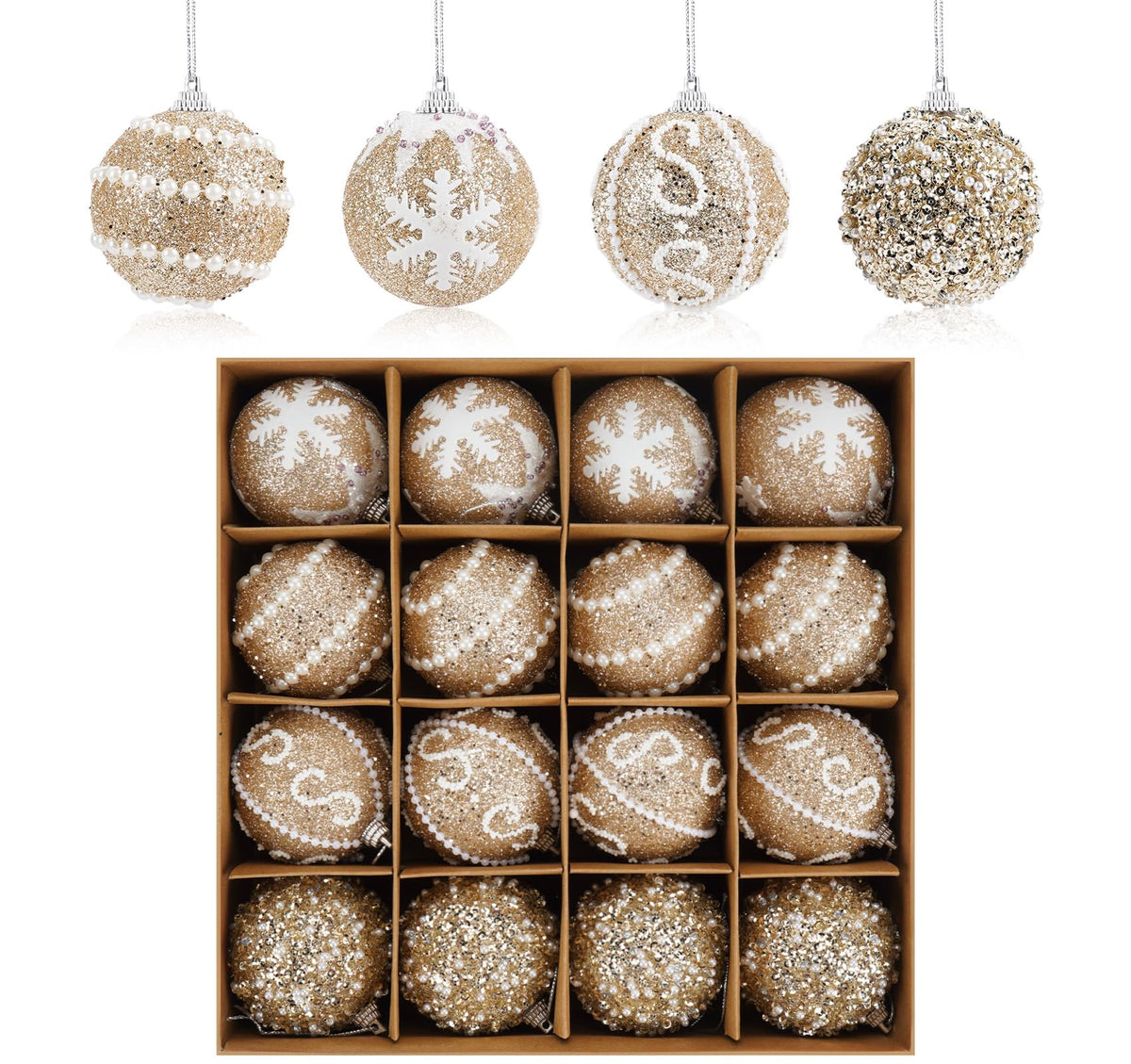 16 Pcs Champagne Christmas Ornaments, Shatterproof Christmas Tree Balls with Pearl Sequin, Hanging Xmas Balls Ornaments Set for Holiday Party Wedding Decorations (2.4"/60mm)