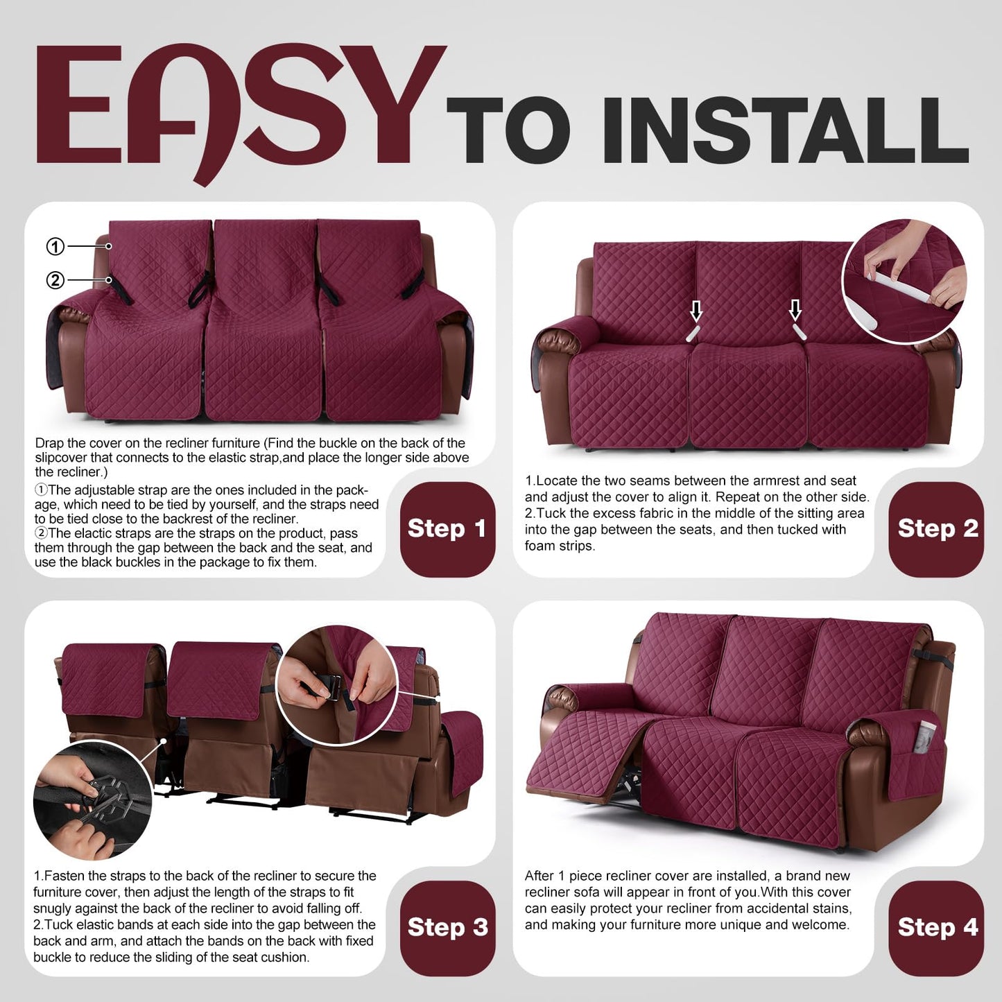KinCam Recliner Sofa Covers for 3 Seat, 100% Waterproof Reclining Couch Covers, Non-Slip Recliner Couch Cover Furniture Protector with Elastic Straps for Pets, Kids, Burgundy
