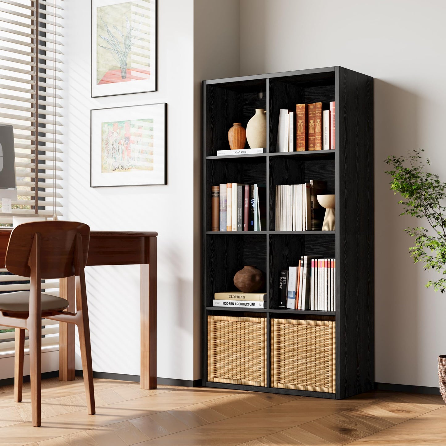 IRONCK Bookshelf, 8-Cube Storage Cube Shelf Organizer, Extra Thick Frame Horizontally & Vertically Reversible Bookcase with Open for Living Room, Bedroom, Home Office, Black