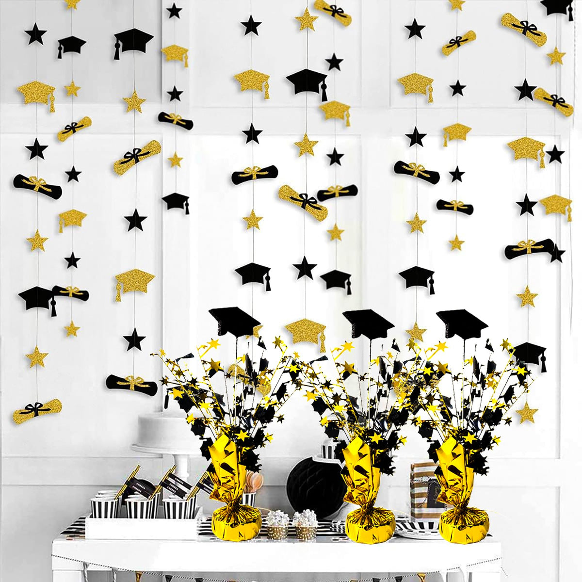 FUBININA 6 Pack 2026 Graduation Table Centerpiece Party Decoration Metallic Foil Spray Glitter Graduate Cap Decor Star Table Top for Graduation Parties Grad Ceremonies Party Favor, Black and Gold