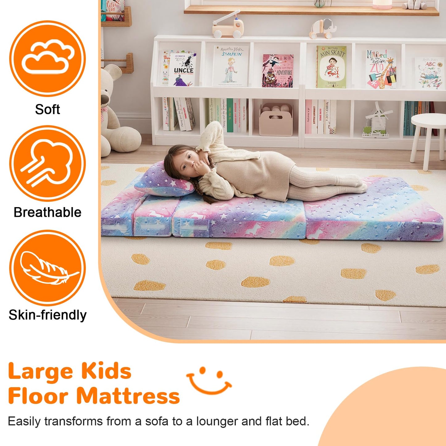 MeMoreCool Glow Rainbow Unicorn Tri-fold Sofa Bed for Kids, Foldable Futon Mattress, Chair, and Floor Couch for Playroom