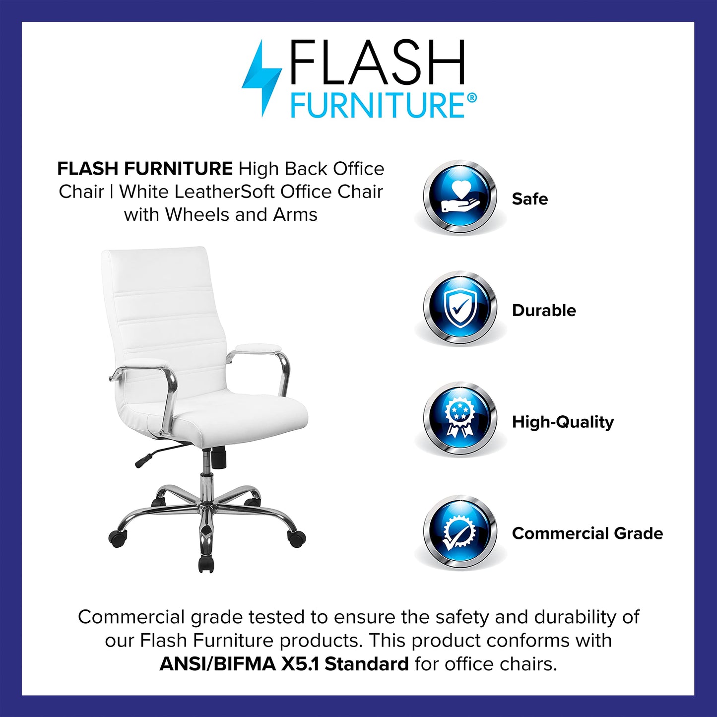Flash Furniture Whitney High Back Desk Chair - White LeatherSoft Executive Swivel Office Chair with Chrome Frame & Alan Low Back Designer Armless White Ribbed Swivel Task Office Chair