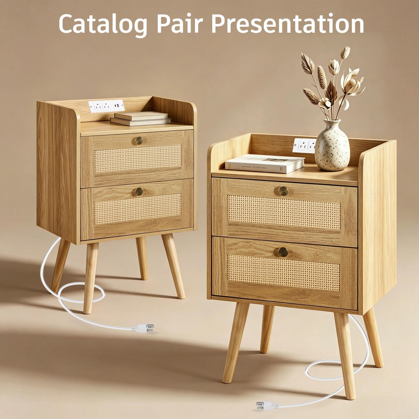 Nightstands Set of 2 with Charging Station, Modern Boho Rattan Bedside Tables with 2 Drawers,Open Storage End Tables for Bedroom, Small Spaces and Dorm, Solid Wood Legs,Natural