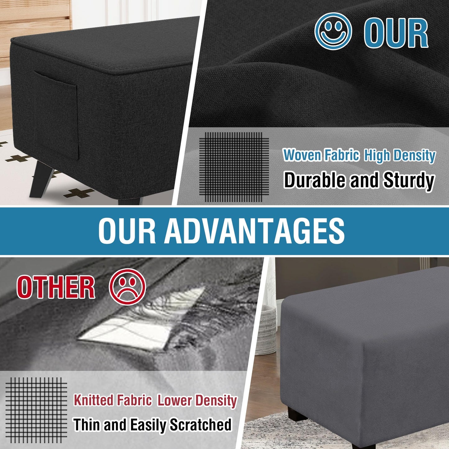 H.VERSAILTEX Ottoman Cover Rectangle Fit Length 43"-44" Footrest Linen Look Ottoman Slipcovers Thick Ottoman Covers Slipcover Rectangle Slipcovers for Ottomans Sturdy Foot Stool Cover - Heather Black