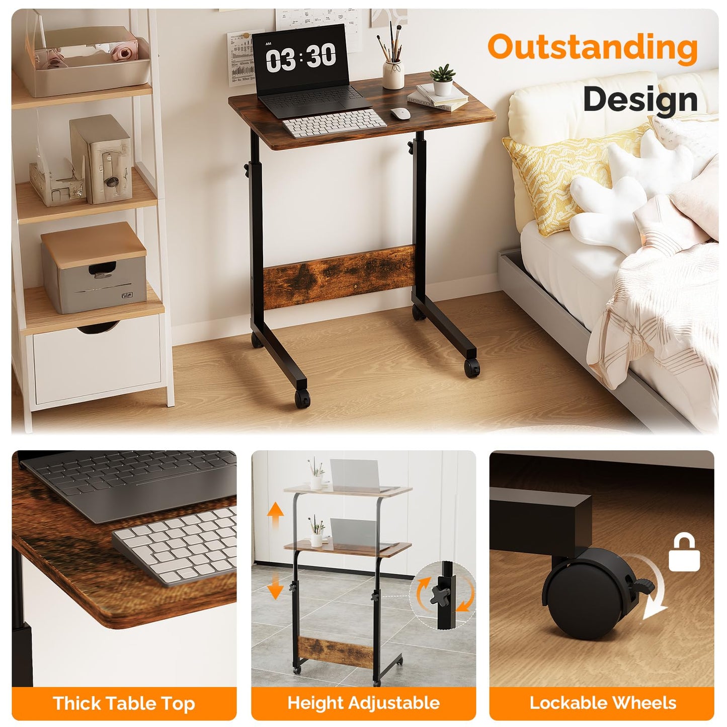FCH Portable Computer Workstation, Standing Desk Adjustable Height, Small Computer Desk w/Rolling, Sit Stand Laptop Desk TV Tray for Bed Sofa Hospital Reading Eating, Rustic Brown, 23.6"