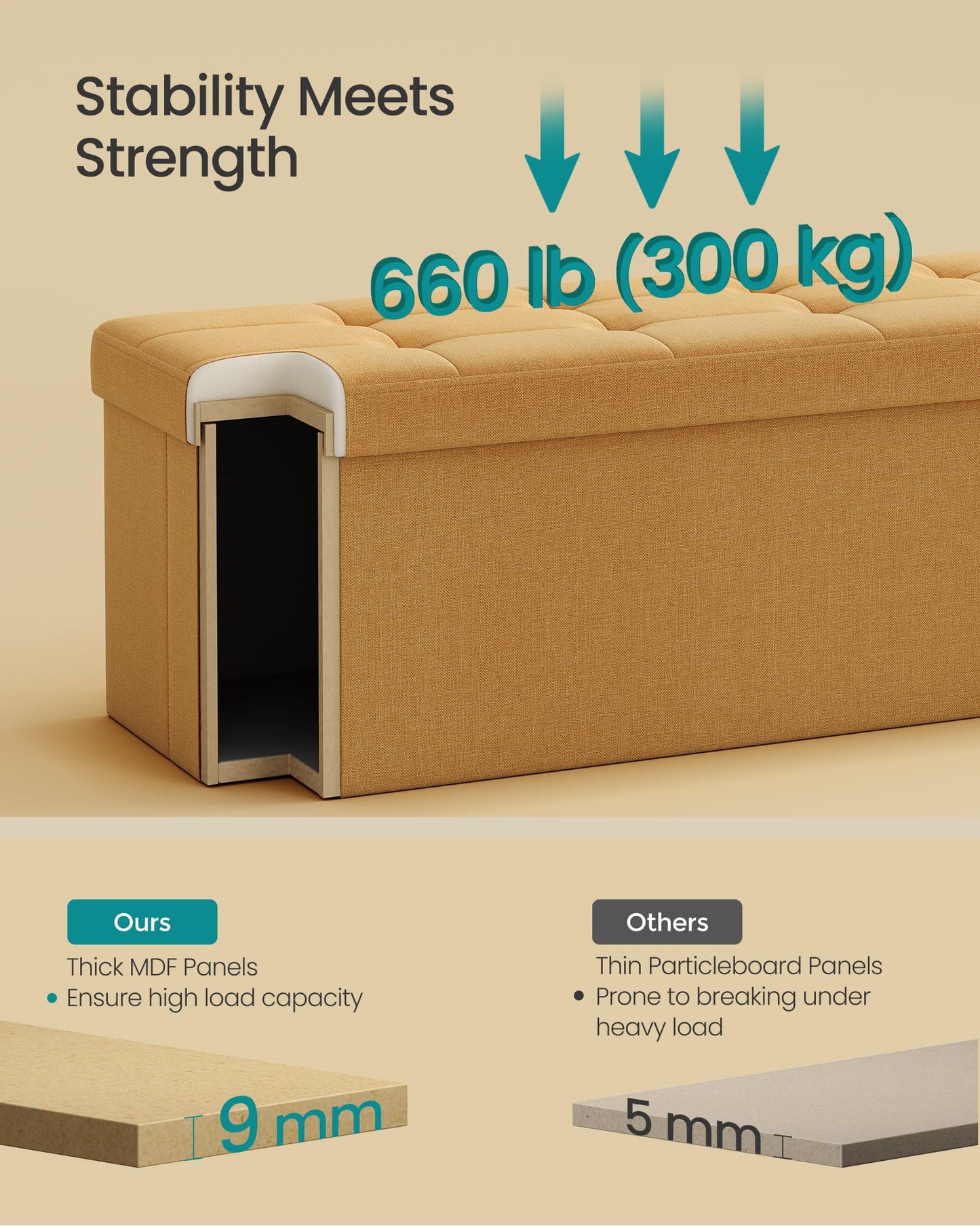 SONGMICS Mazie Collection - Storage Ottoman Bench, 43 Inches Folding Foot Rest Stool, End of Bed Bench, Easy Assembly, for Living Room, Bedroom, Entryway, Ginger ULSF077K04