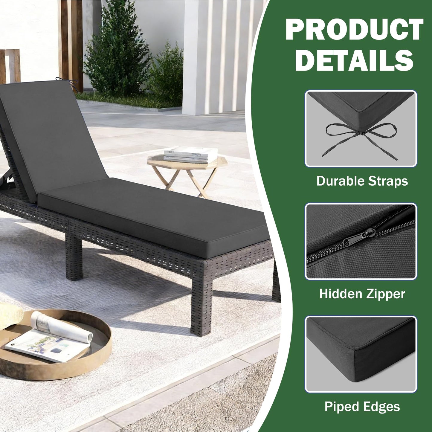 Aegisun Chaise Lounge Cushions Outdoor, 72x 21x 3 Inch Waterproof & Fade-Resistant Lounge Chair Cushion, Outdoor Chaise Cushion with Removable Cover & Ties for Lawn, Patio, Pool & Beach, Dark Grey