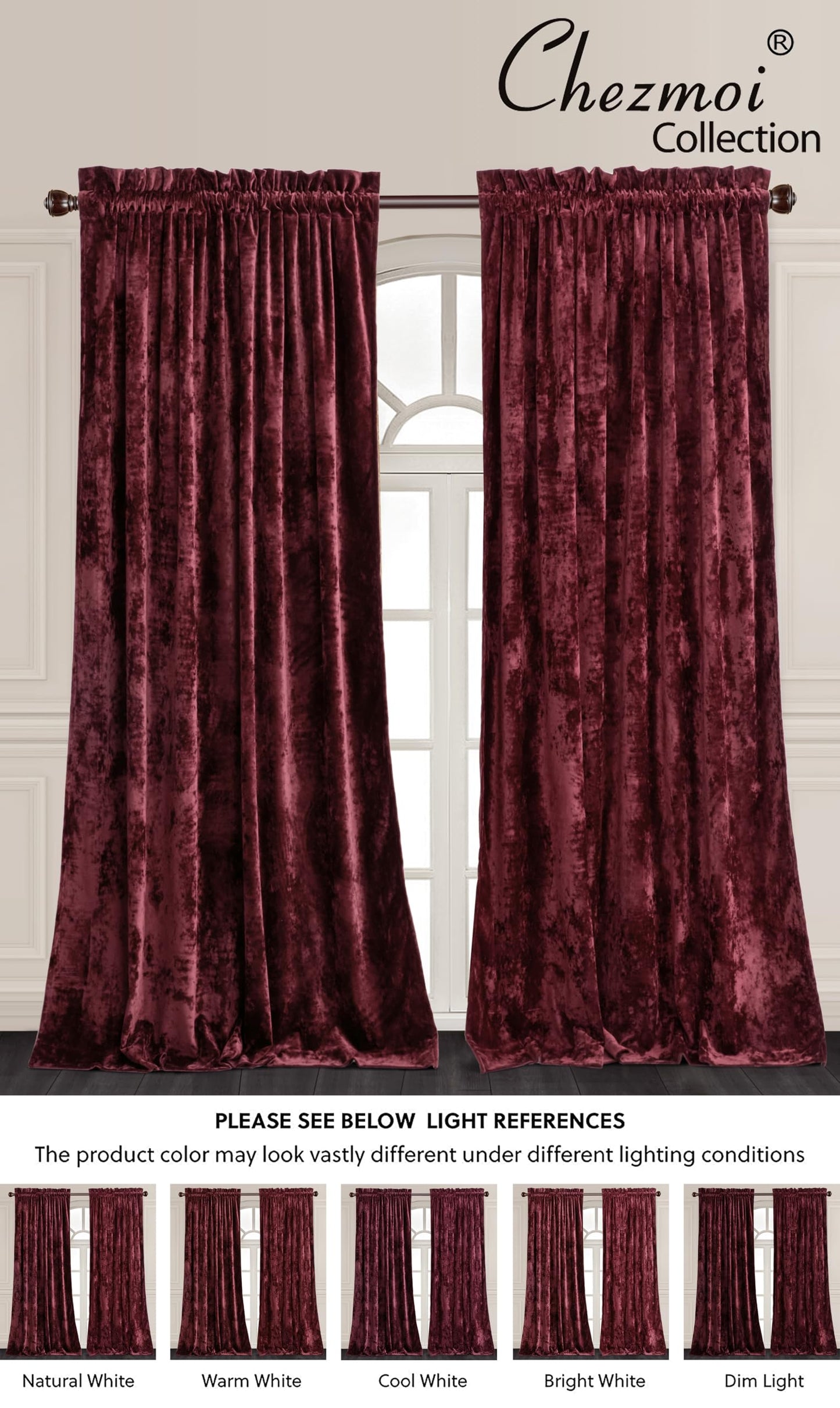 Chezmoi Collection Lux Burgundy Red Crushed Velvet Curtains 2 Panel Set - 72 inches Long Room Darkening Luxury Distressed Velvet Rod Pocket Window Drapes for Living Room Bedroom 50" W x 72" L