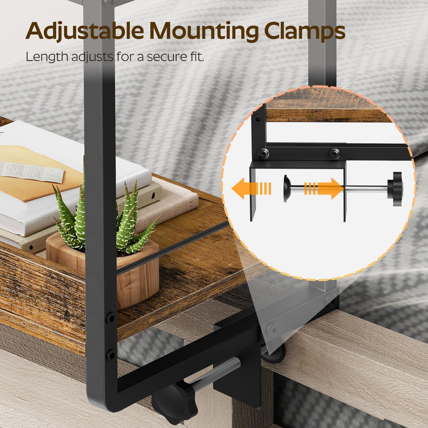 YATINEY Bedside Shelf, Bunk Bed Shelf with Storage and 360° Rotating, Clip-on Loft & Bunk Bed Tray Shelf, Nightstand for College Dorm Room, Apartment, Rustic Brown and Black ET21BR