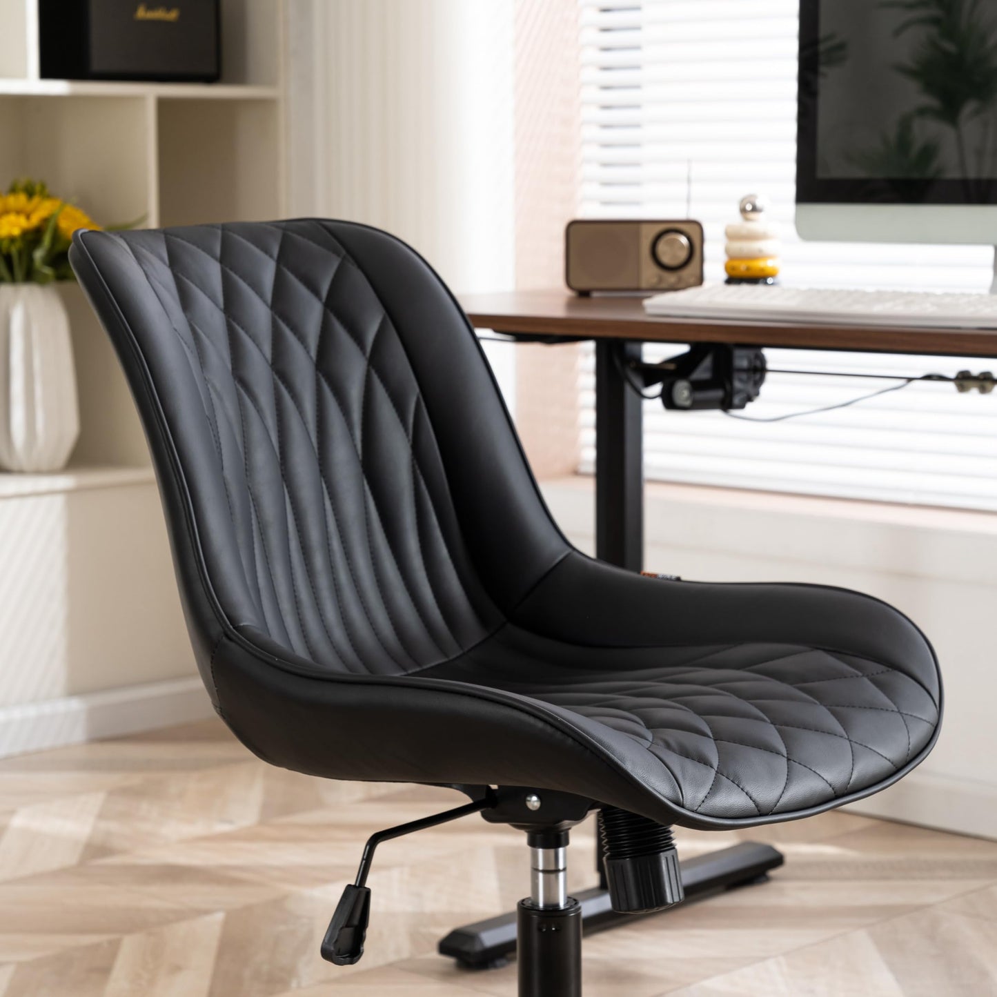 YOUNIKE Black Faux Leather Ergonomic Office Chair Armless Comfy Desk Chair with Rocking Back Cute Swivel Vanity Chair with Wheels Height Adjustable Small Computer Task Chair for Sewing Drafting