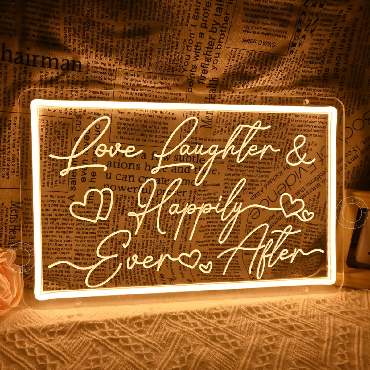 SYLHOME Led Neon Light Sign Love Laughter Happily Ever After Wedding Backdrop Home Bedroom Living Room Wall Sign Decor Birthday Christmas Party 15.75" X 9.84" USB