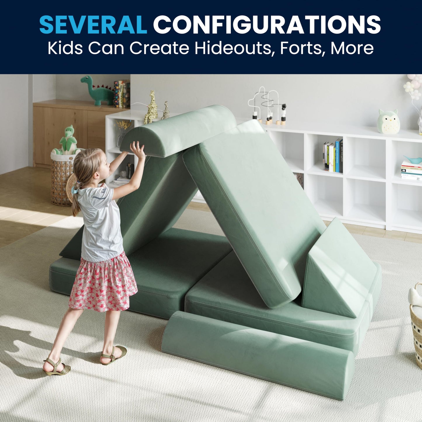 Flash Furniture Marlowe Modular Foam Kids Play Couch, 6 Soft Sectional Sofa Pieces, Convertible Kids Couch, Removable Covers, 56", Sage
