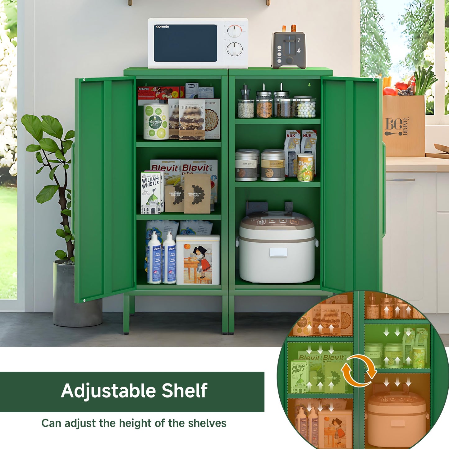 PEROKIER Metal Storage Cabinet 39.5” Decorative Storage Cabinet with Door & 2 Adjustable Shelves for Home Office Garage Kitchen (Green)