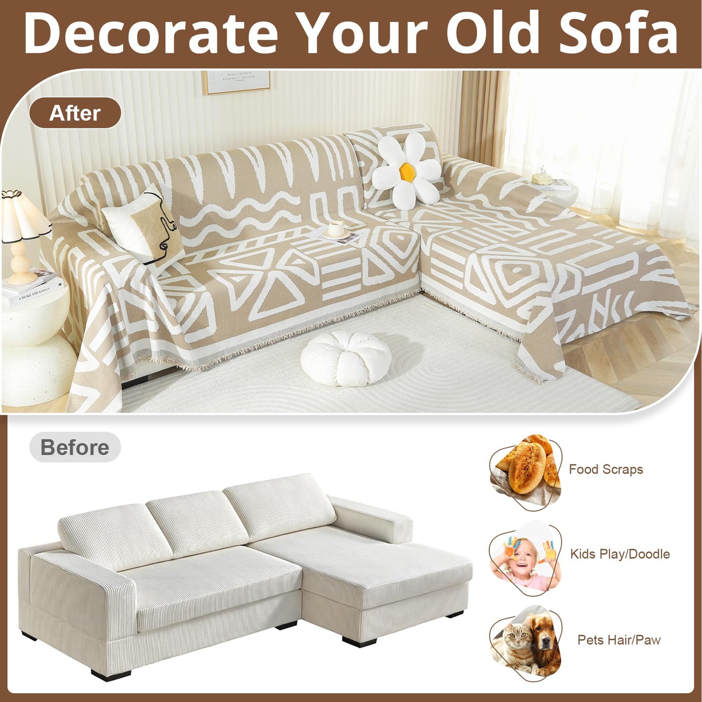 Royhom Sectional Couch Covers 2 Pieces, L Shaped Couch Cover Blanket, Boho Sofa Covers Washable, Sofa Slipcover with Tassel, Suitable for All Seasons (71"x110"+71"x118", Khaki)