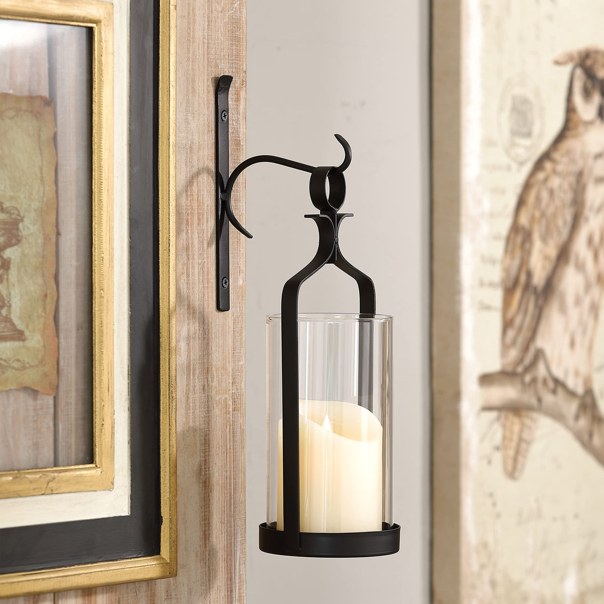Souliron Hanging Hurricane Glass Wall Sconce Candle Holder Black Metal Wall Decorations Set of 2 HLJ15-291B2