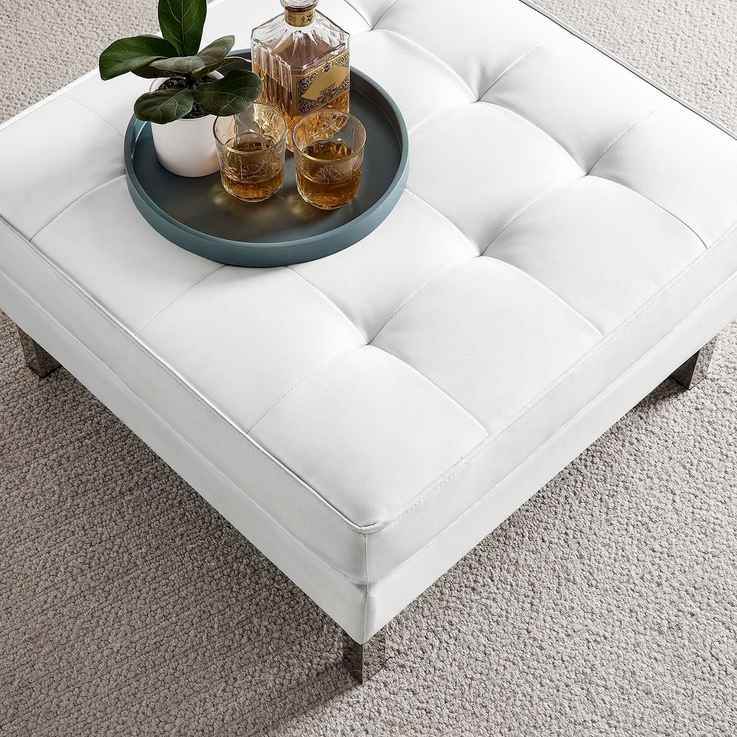 Modway Loft Tufted Button Faux Leather Upholstered Square Ottoman in Silver White