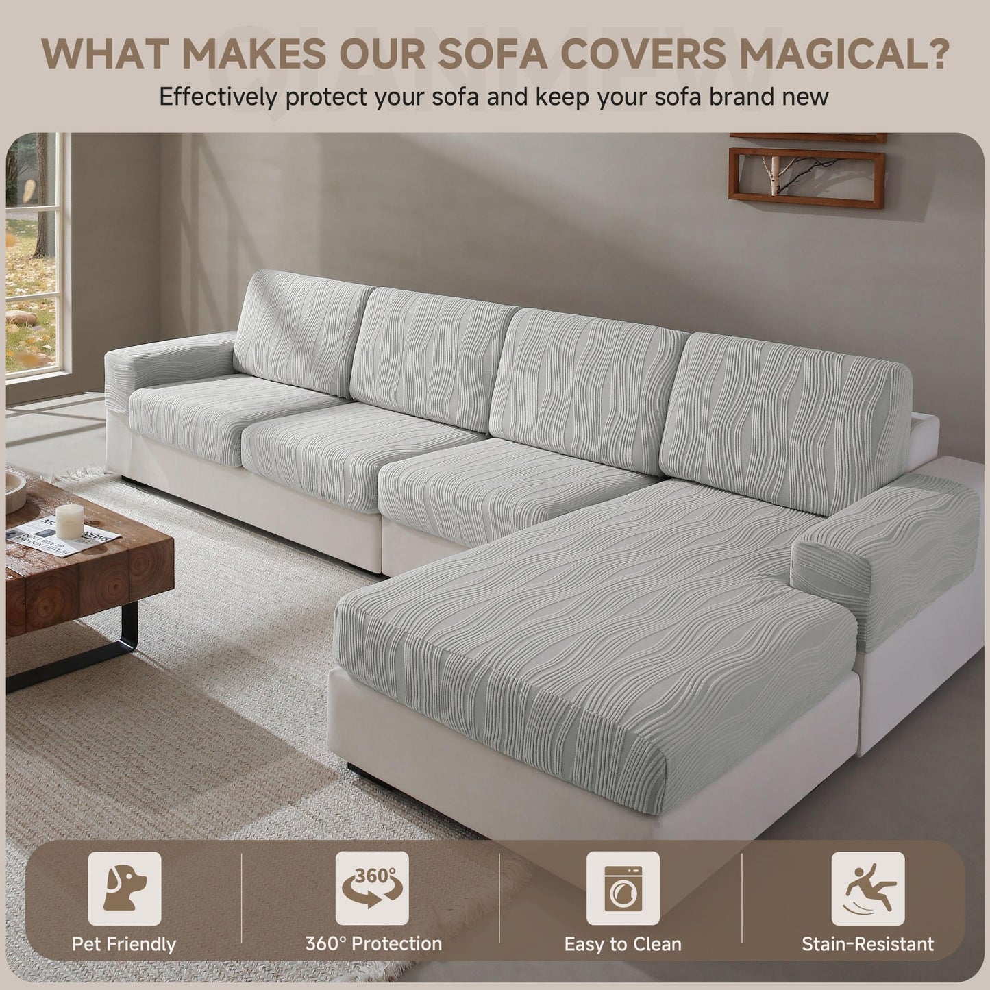 QIANMEW Couch Cushion Covers, Super Stretch Washable Sofa Slipcovers for L Shaped & Modular Seats, Pet-Friendly Furniture Protector with Stripe Design, (1 Seat Cover XL, Light Gray)