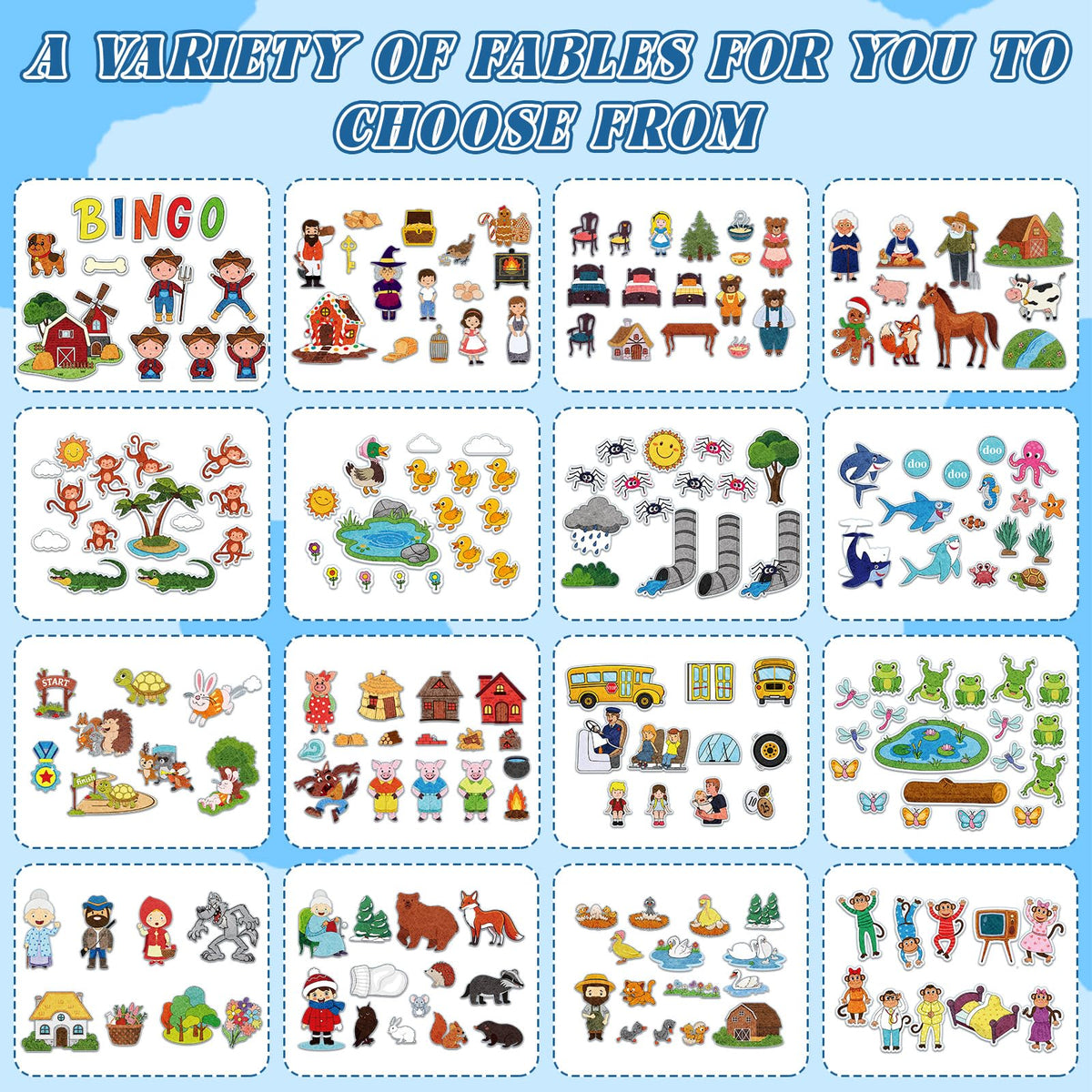 Windkream 16 Pack Felt Board Story Sets Flannel Felt Story Board Pieces with a Multi Functional Pieces Storage Binder and 16 Pcs Pocket for Activities Time(Fairy Stories)