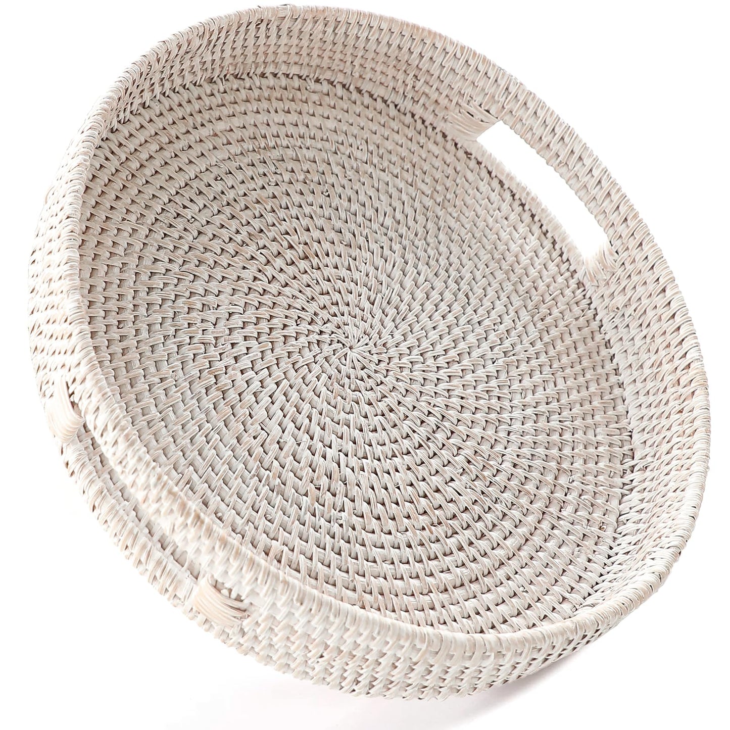HITOMEN 14.2" Hand-Woven Round Rattan Serving Tray Decorative Ottoman Wicker Platter with Handles for Coffee Table, Breakfast, Drinks, Snack, Bread, Fruit, Vegetables (Whitewash-L)