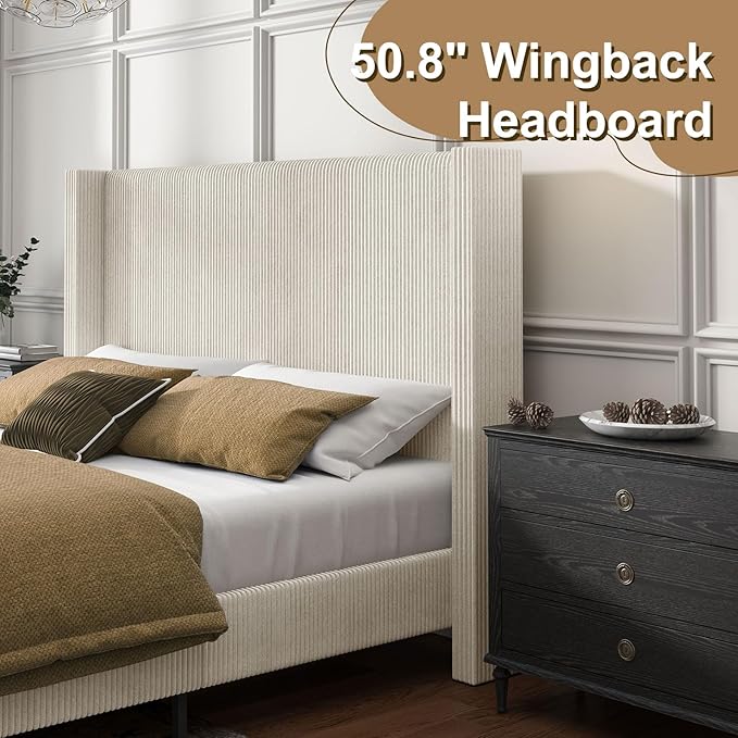HOWE Queen Size Bed Frame with 50.8" Tall Wingback Headboard, Modern Corduroy