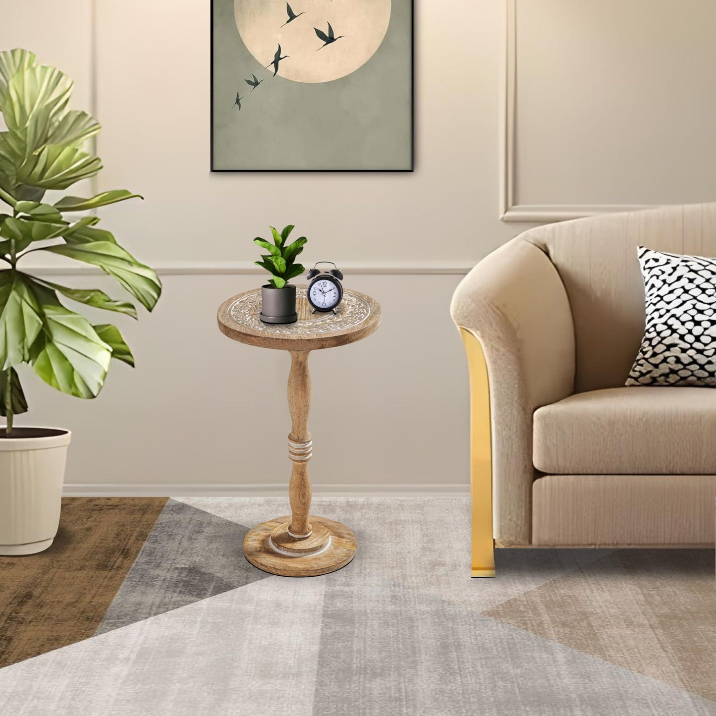 The Wooden Town Hand-Carved Solid Wood End Table - 12x22 White Wash Finish Accent Side Table for Living Room, Bedroom Nightstand, Small Pillar Table for Plants or Décor