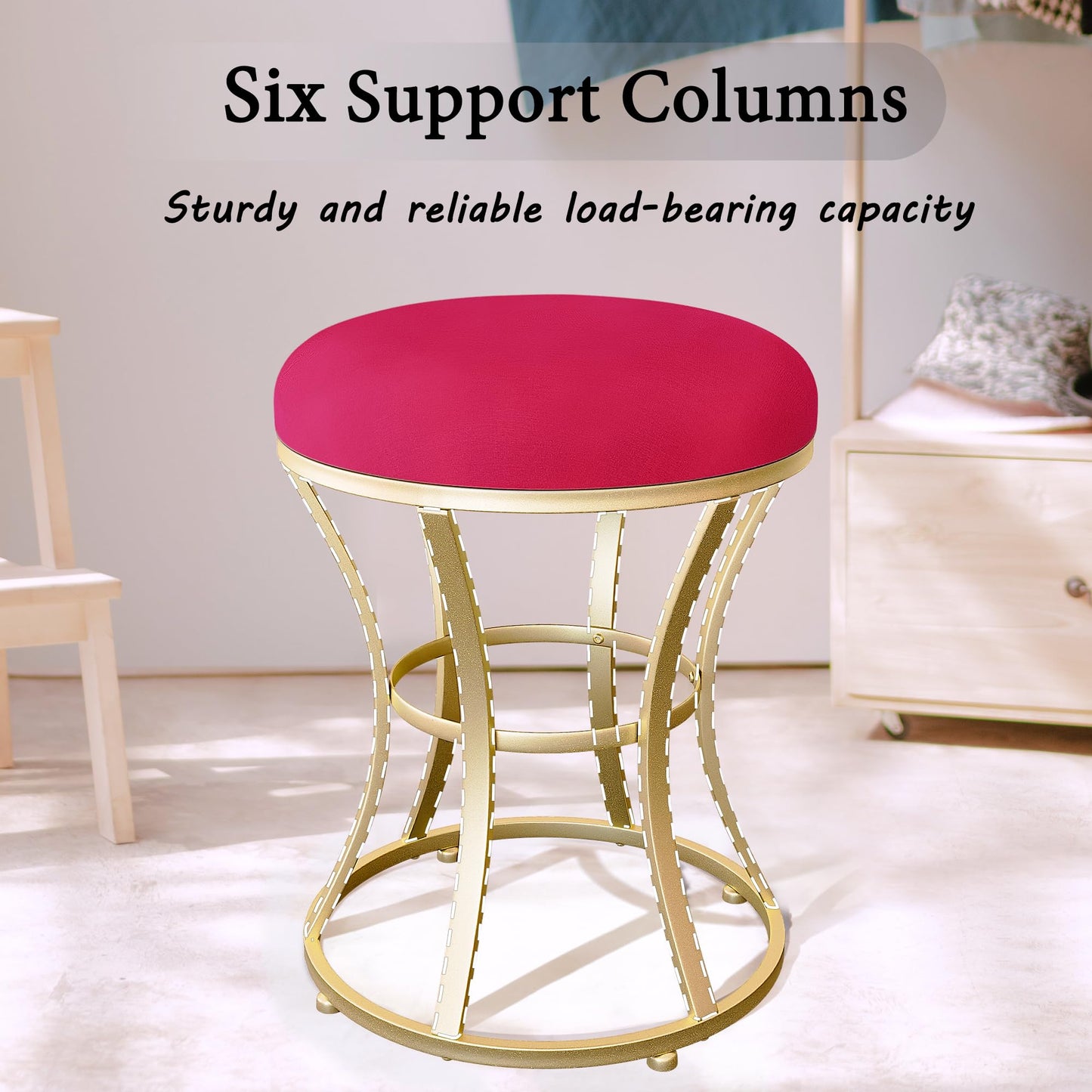 Ellensamqi Velvet Round Vanity Stool,Red Velvet Footrest Ottoman Foot Stool Seat with Golden Metal Legs,Makeup Chair for Bathroom Vanity,Bedroom,Living Room