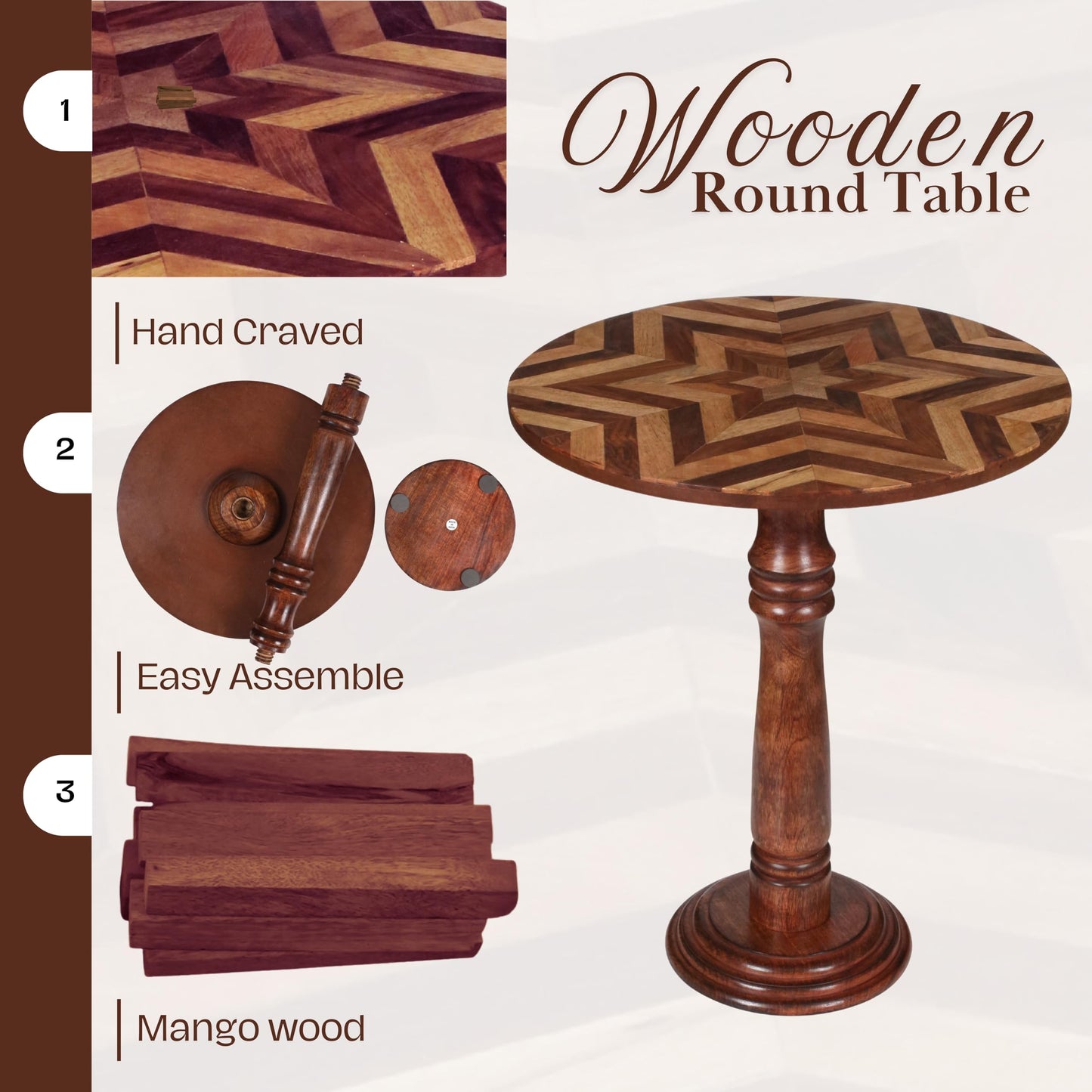 The Wooden Town Handcrafted Round Coffee Table for Living Room – 18x21.5 Inch Wooden End Table, Side Table, Accent Table – Solid Wood Small Table with Pillar Joint Design – Natural Finish