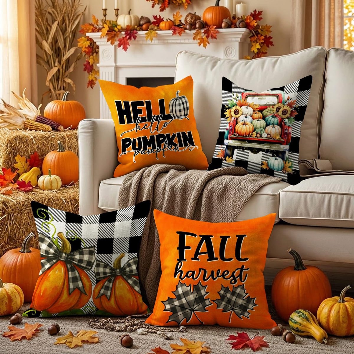 HDVUHKI Fall Pumpkin Pillow Covers 16x16 inch Set of 4, Linen Autumn Outdoor Thanksgiving Harvest Farmhouse Buffalo Check Truck Orange Decorations for Sofa Couch