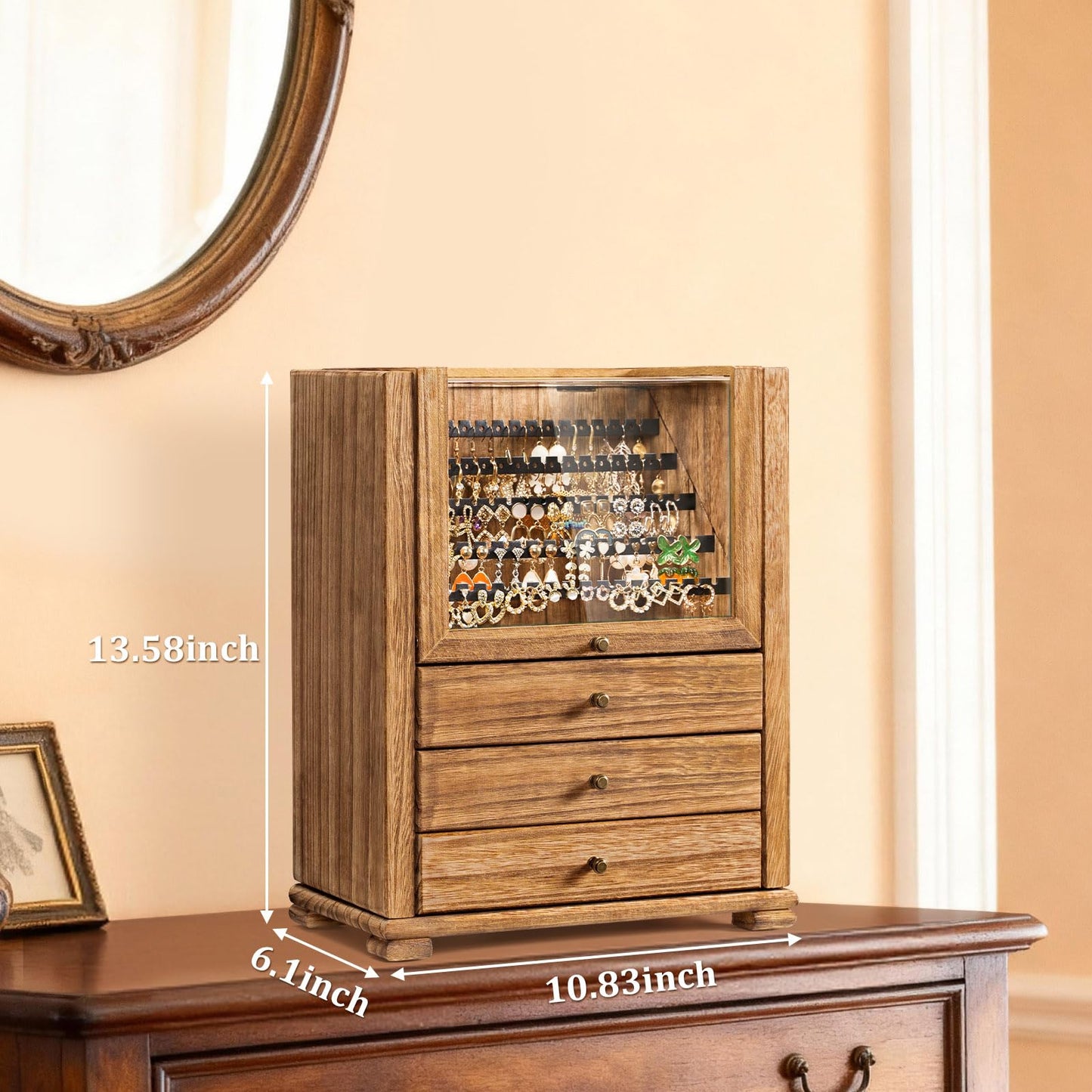 Srillollar Jewelry Box Organizer, Rustic Wooden Jewelry Boxes for Women Girls, Large Storage Earring Holder Organizer Display for Earrings Necklaces Rings Bracelets (Rustic Brown)
