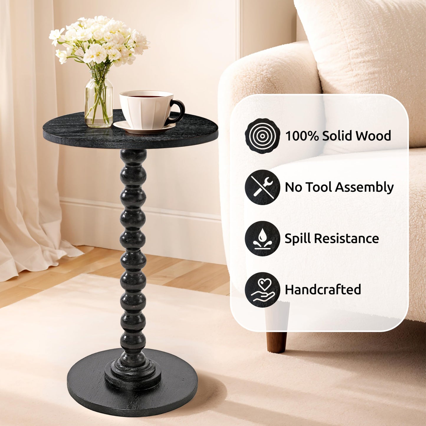 LIVINGNISH Solid Wood Round Side Table for Living Room, Handcrafted End Table for Small Spaces, Tool-Free Assembly with Non-Skid Base, Decorative Bedside Nightstand- Charcoal Gray