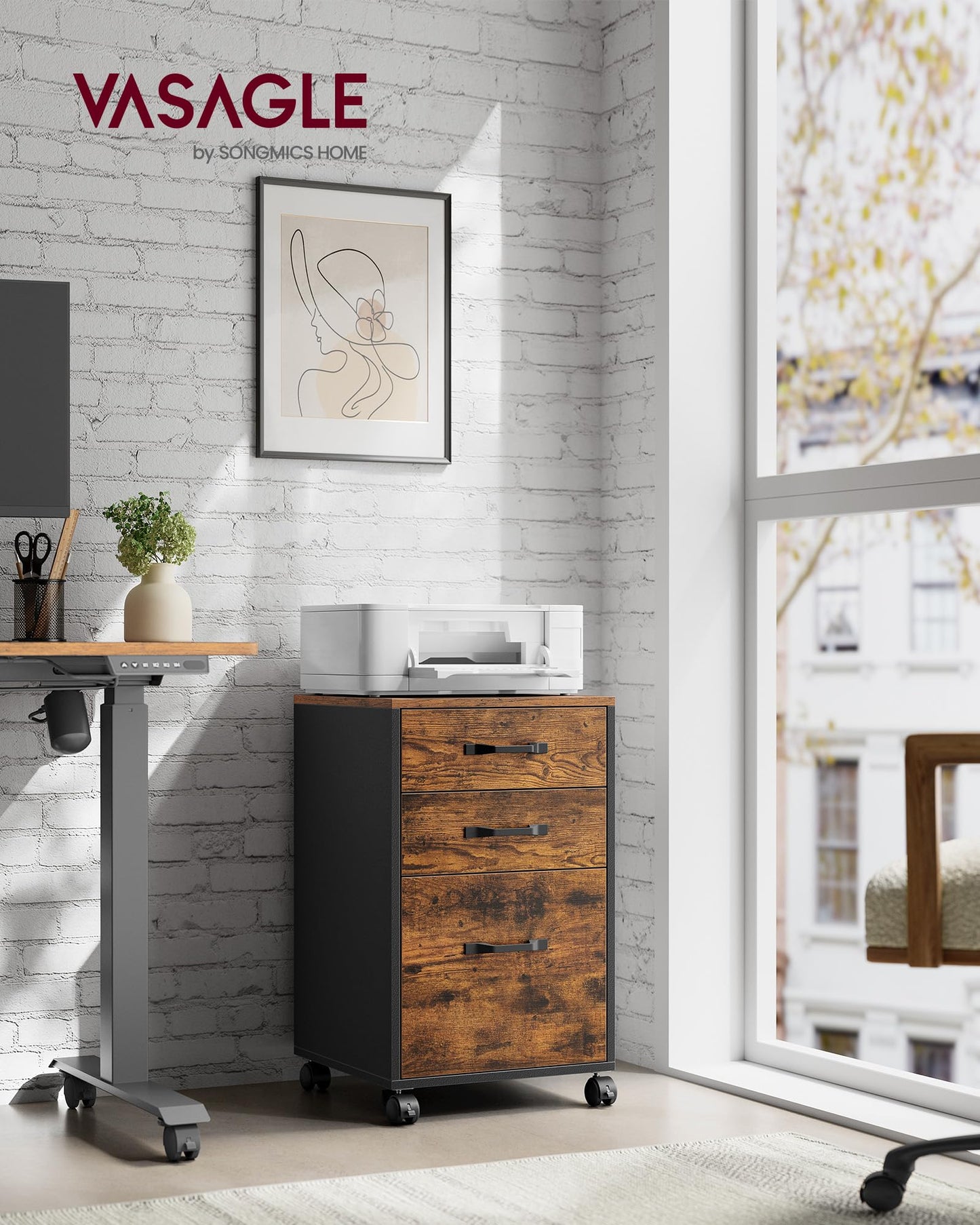 VASAGLE Custos Collection - Mobile File Cabinet, 3 Drawers Filing Cabinet with Wheels, for Home Office, for A4, Letter Sized Documents, Adjustable Hanging Rail, Rustic Brown and Black UOFC065B01