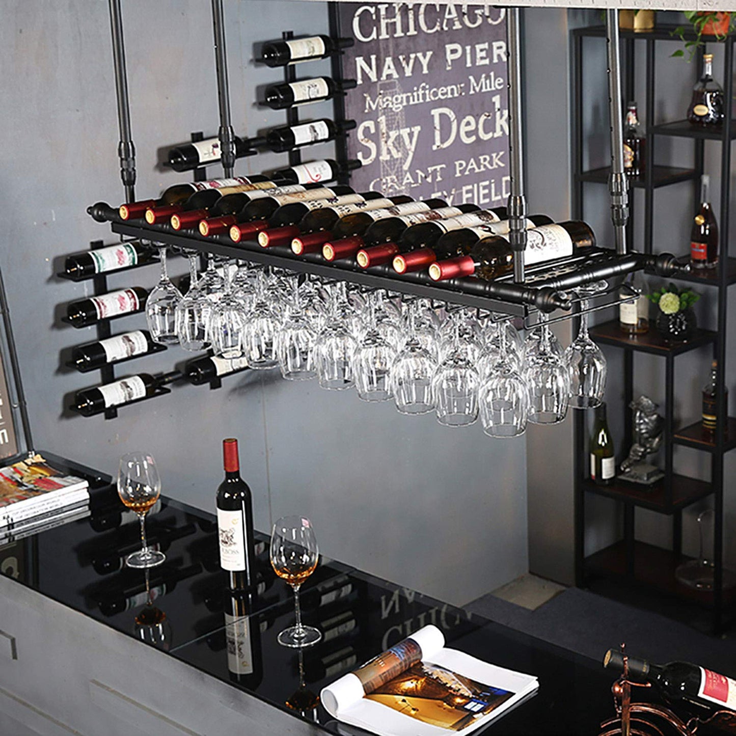 WJDREPKHY Wine Rack Wall Mounted - Bar Floating Wine Racks Adjustable Height Ceiling Mounted Wine Shelf Bottle Holder with Glasses Cups Rack for Restaurant Cafe(Black)