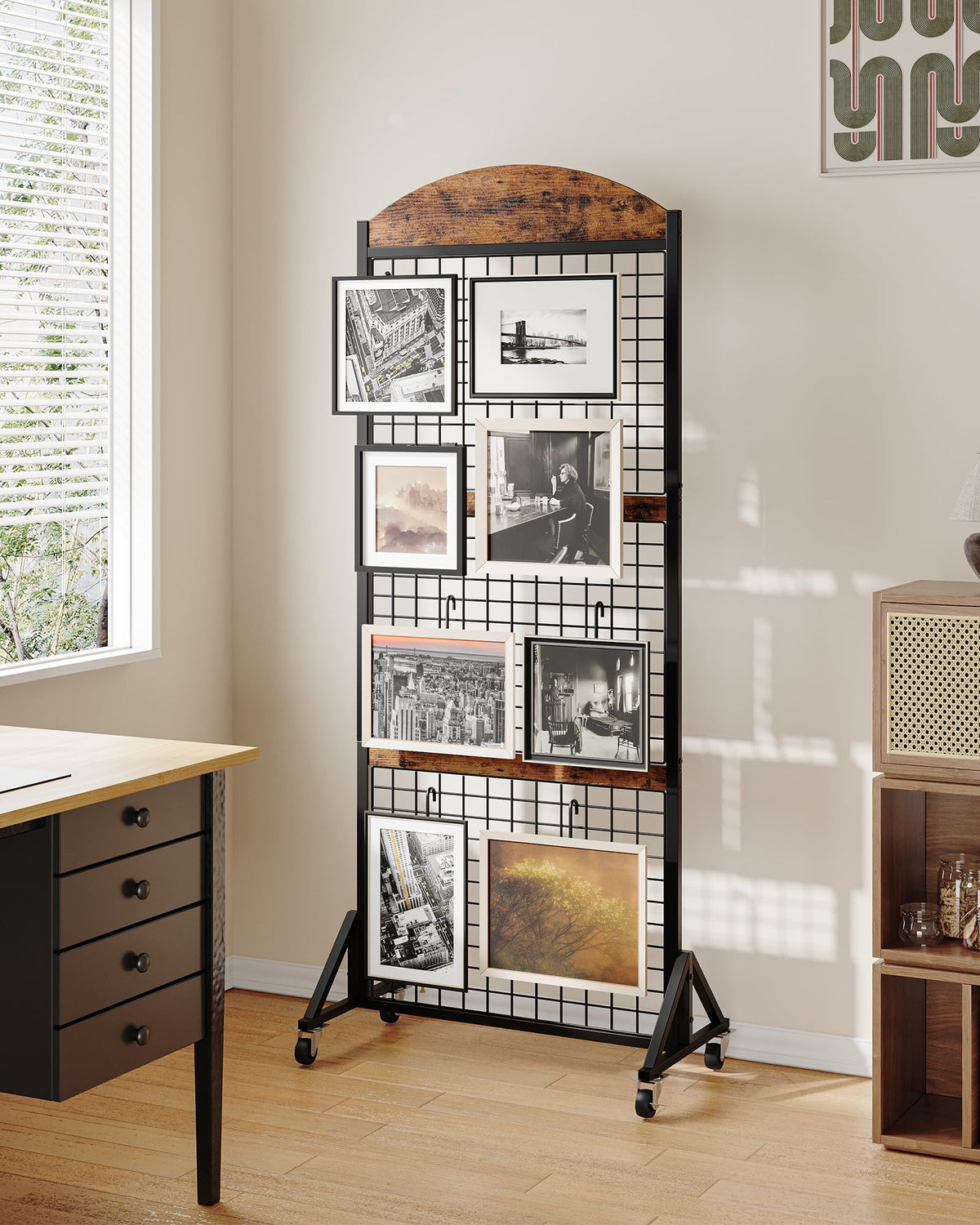 CHOEZON Grid Wall Panel 5.7’ x 2’ FT Grid Display Rack, Movable Gridwall Display Stand with Wheels,Floorstanding Wire Grid Rack with 4 S-Shaped Hooks and 4 Garment Hooks Rustic Brown and Black TCJ17BF