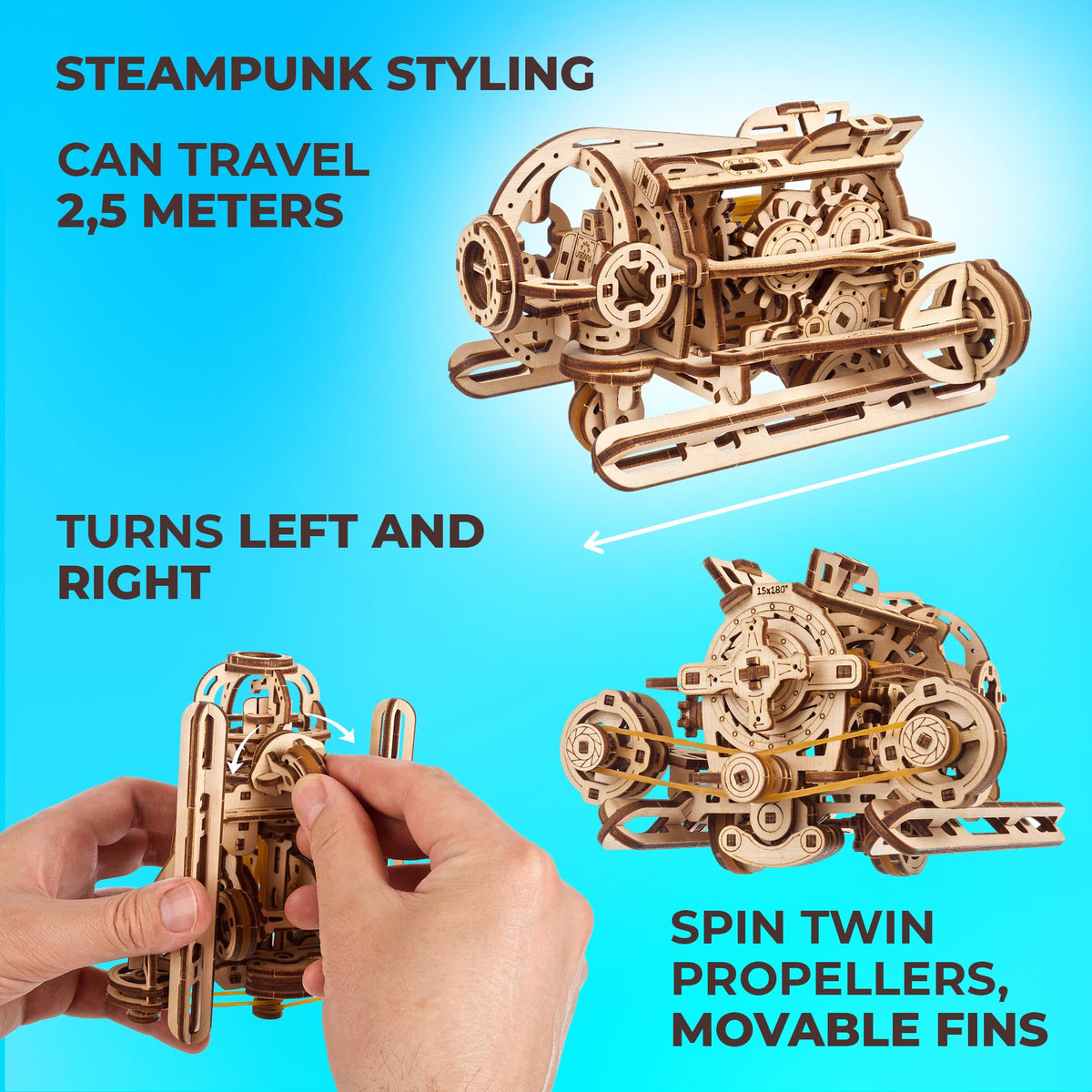 UGEARS 3D Wooden Puzzles for Adults - Steampunk Submarine Wooden Model Kit – Mechanical Puzzle Model Building Kits - DIY Kits for Adults for Maritime Enthusiasts Gifts for Puzzle Lovers - 200 Pcs