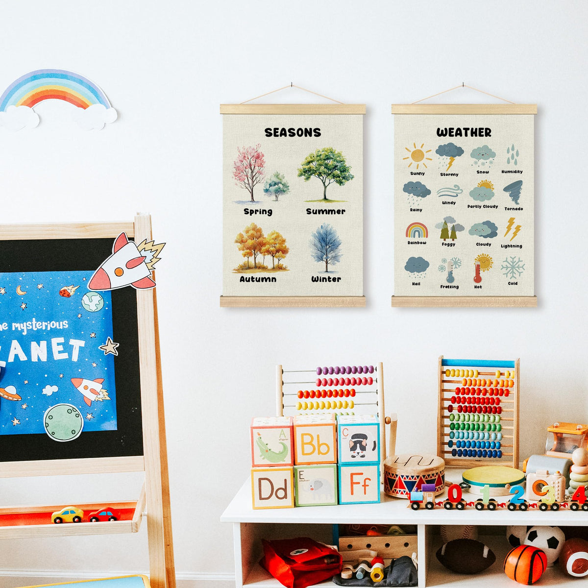 BCUANGD Classroom Wall Decor - Toddlers Kids Wall Art Poster Hanger with Wood Frames Set of 2, Learning Educational Wall Hanging Canvas Decor for Playroom Nursery Toddler Kids Room, 12x16 Inches