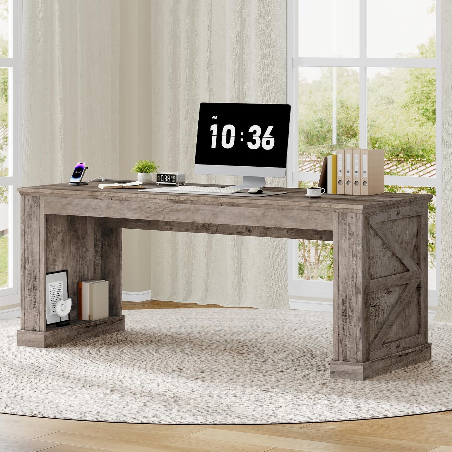 STHYTON 63-Inch Farmhouse Executive Desk, Long Computer Desk with Built-in Charging Station & Bottom Storage, Home Office Writing Study Desk for Bedroom, Living Room, Oak Gray